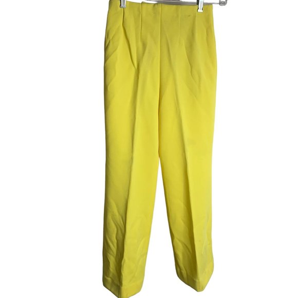 Vintage 60s 2 Piece Stretch Knit Pant Set S Yellow High Neck Pockets Zipper - Picture 11 of 13